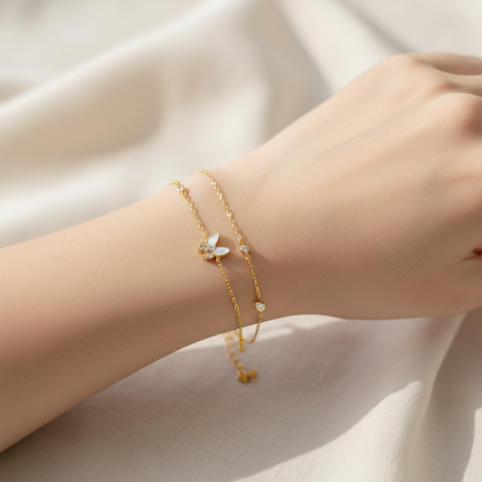 CZ  AND  MOP BUTTERFLY ACCENT BRACELET, WHITE, 7”