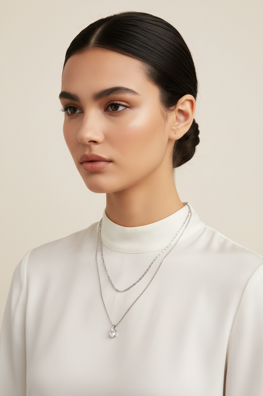 CAILIN MULTI STRAND NECKLACE, SILVER/WHITE CRYSTAL
