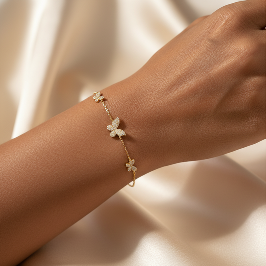 PAVE TRIPLE BUTTERFLY BRACELET, GOLD, 7”